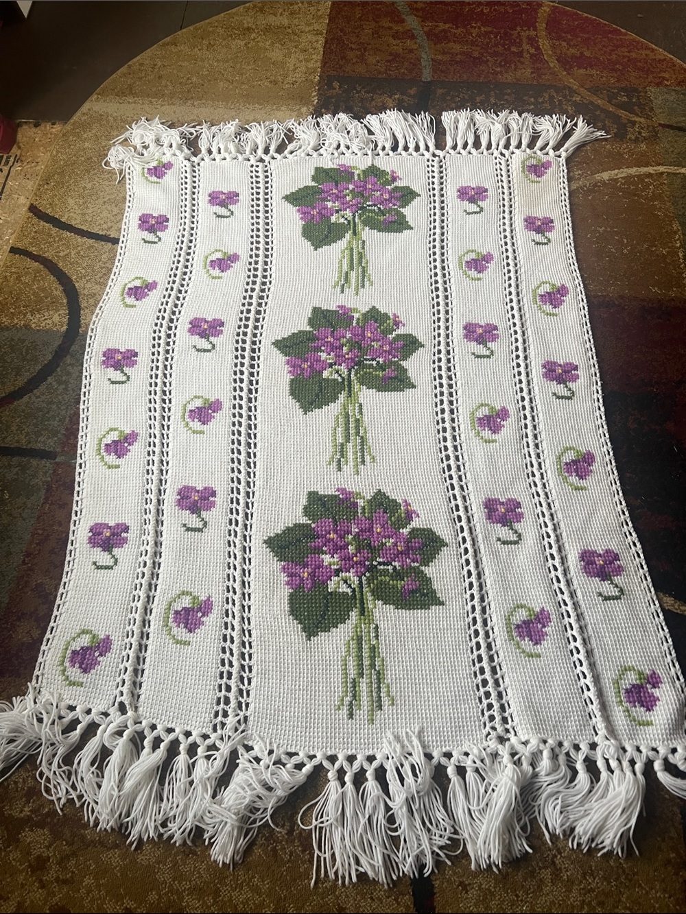 Handmade White Crochet throw with Purple Floral Motif